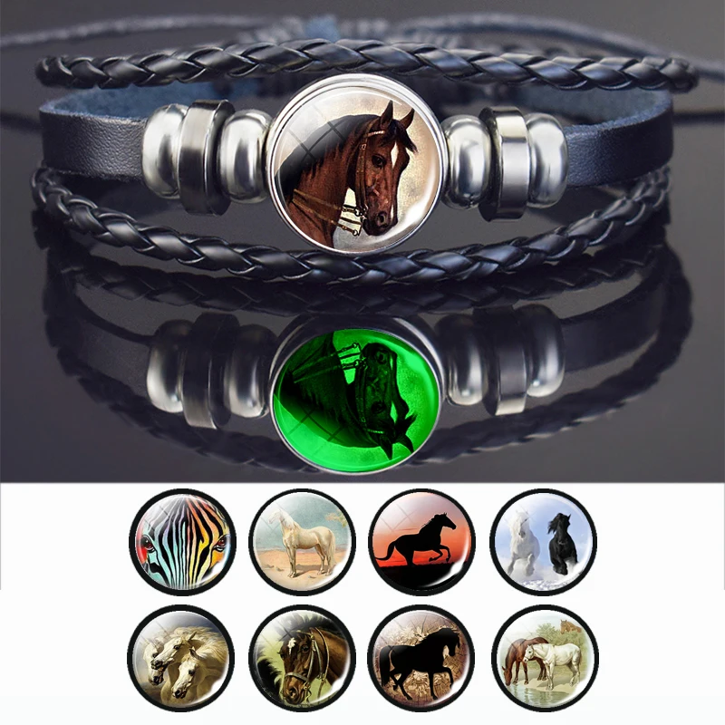 

Luminous Horse Bangle Bracelet Black Braided Leather Bracelet for Women Men Gifts Handmade Jewelry Accessory Glow In The Dark