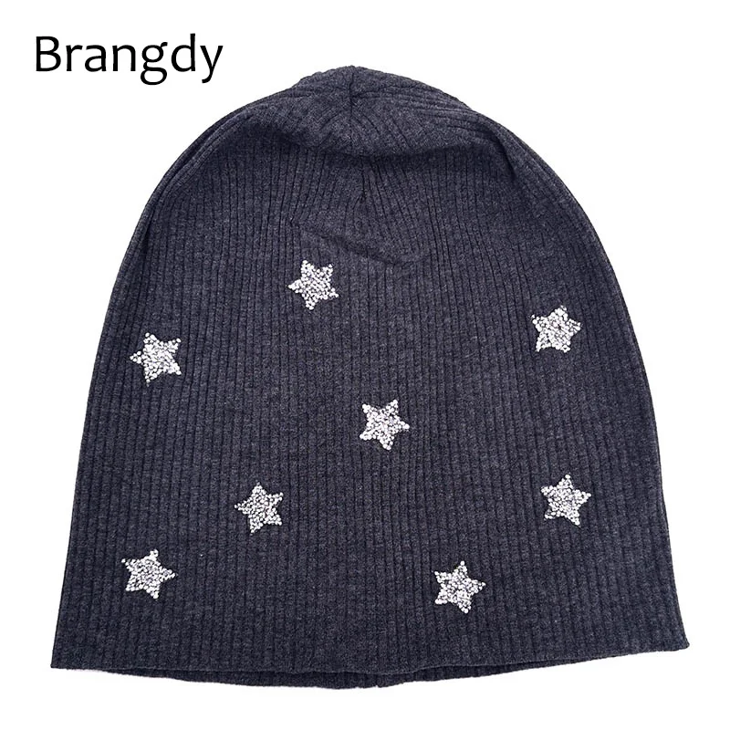 Зимние стразы Хлопковые вязаные шапочки Skullies головные уборы для женщин