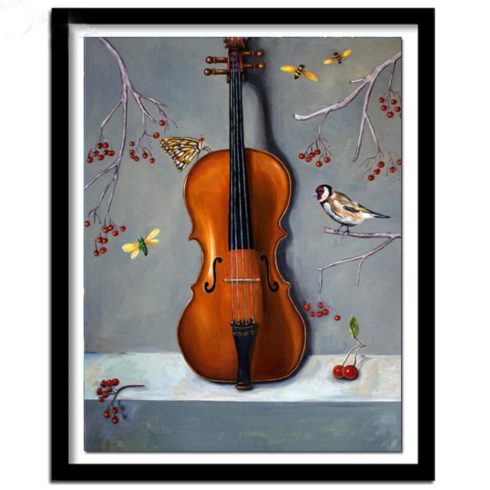 5D DIY Раскраска в стиле "бриллиантовой вышивки" Скрипка Птицы Продажа Полное изображение Крестиком с камнями Свадебные украшения.