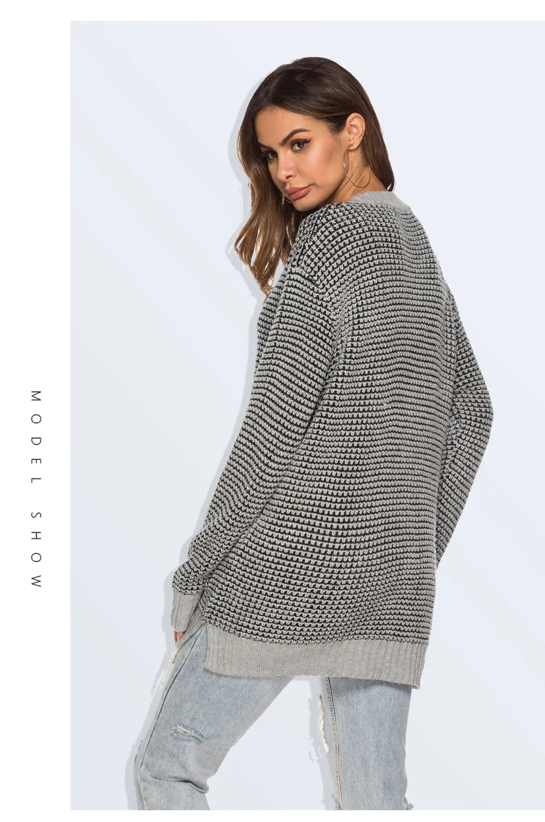 Осень-зима 2019 повседневный вязаный лоскутный кардиган с v-образным вырезом 4