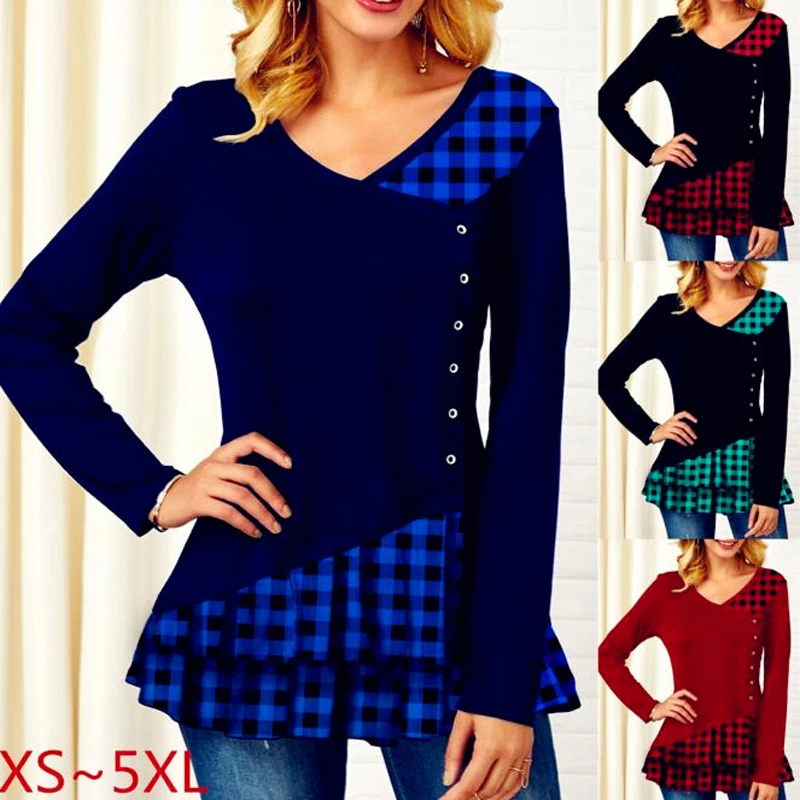

Women's Blouse V-neck Simple Female Tops Long Sleeve Irregular Patchwork Plaid Print Tee Shirt Button Plus Size 5XL Ladies Shirt