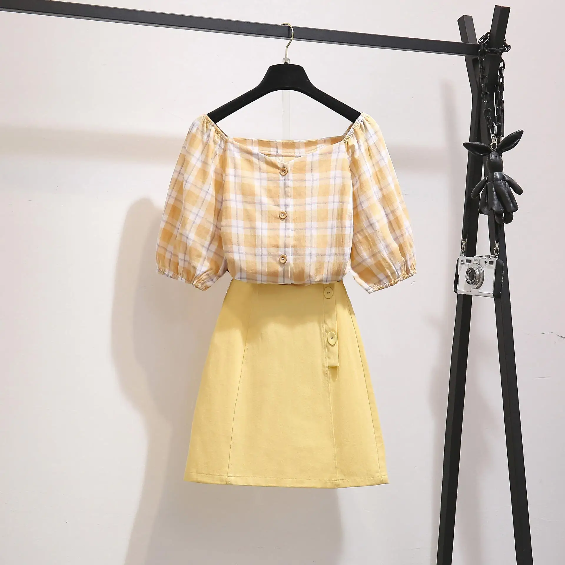 

ICHOIX Korean style 2 piece outfits summer set women two piece skirt set cute girl 2 piece set clothes plaid shirt office set