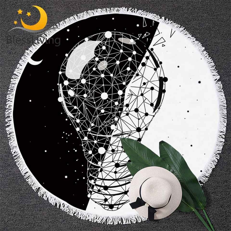 Круглый пляжное полотенце blesslive Earth большое для взрослых день и ночь с кисточками