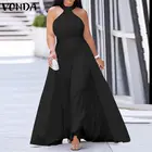 2022 летний женский комбинезон VONDA с широкими штанинами и длинными брюками-палаццо, однотонные брюки большого размера без рукавов, сексуальный комбинезон с воротником-халтером Вечерние