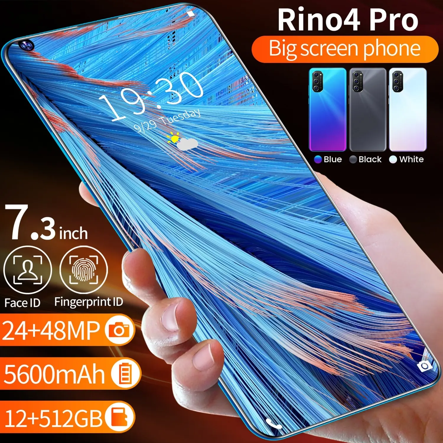 

Smartphone Global Version Rino4 Pro 7.3 Inch Water Drops Cellphone Screen Snapdragon 855 Android 10.0 Mobile Phones 5600 mAh NFC