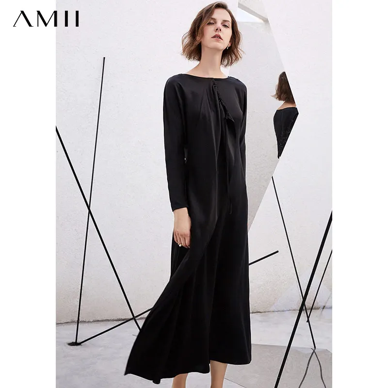 

Amii минимализм осенние платья для женщин 100% шелк сращенный дизайн свободные талии однотонное длинное платье женские макси платья 12030636