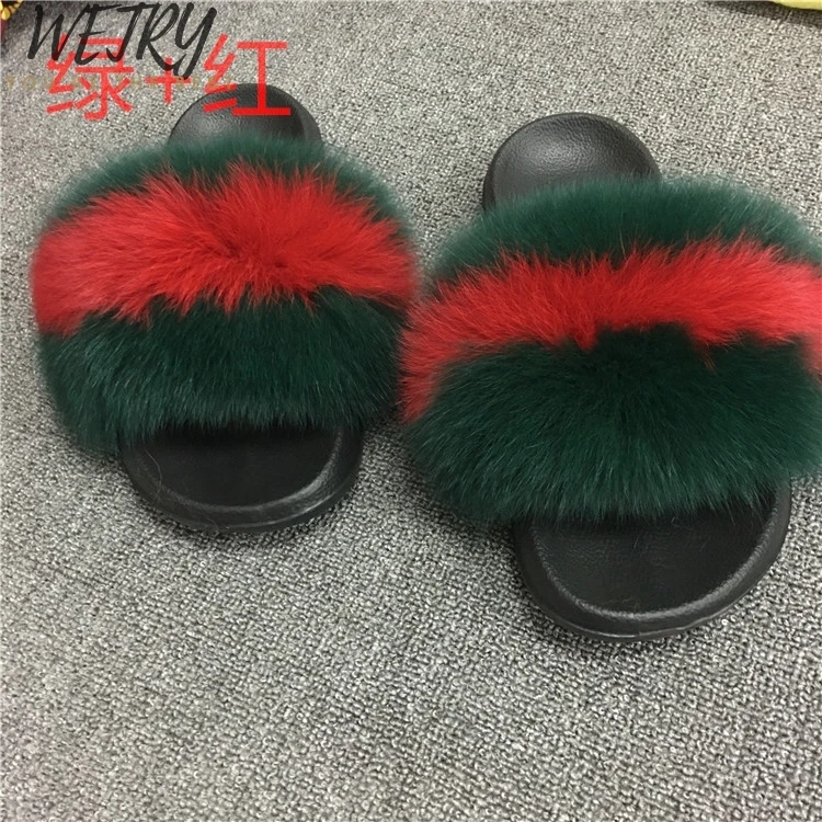 Fox Fur Slides Г., шлепанцы с натуральным лисьим мехом пушистые шлепанцы с мехом лисы Мягкие плюшевые меховые шлепанцы Летняя женская обувь - Цвет: Fox Fur Slides