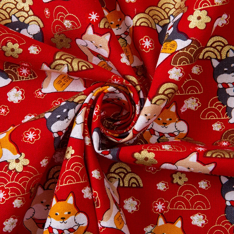 Ткань хлопковая бронзовая для платья в японском стиле с принтом виде кошки и