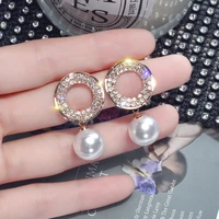 fashion short geometric round earrings full of diamonds korean temperament simple pearl earrings earrings female jewelry