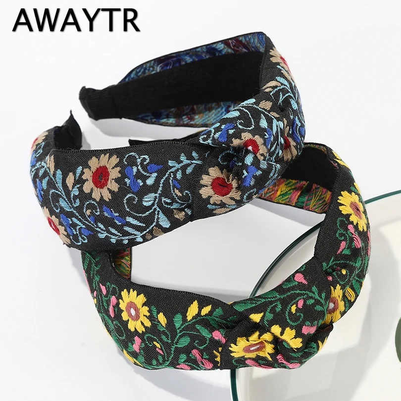 Женская повязка на голову AWAYTR Весенняя эластичная с узелком и вышивкой в виде