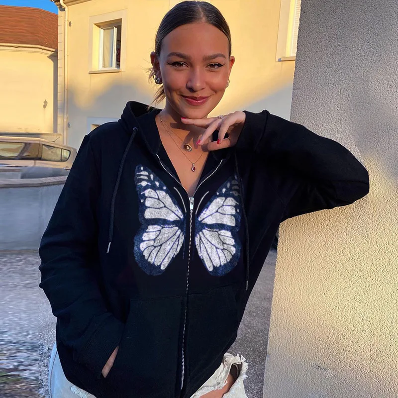 Y2K Fashion Butterfly Graphic Rhinestone Zip Up Hoodies E-girl 90s Sweetshirts Harajuku Grey Jacket Autumn Oversized Hoodie Tops