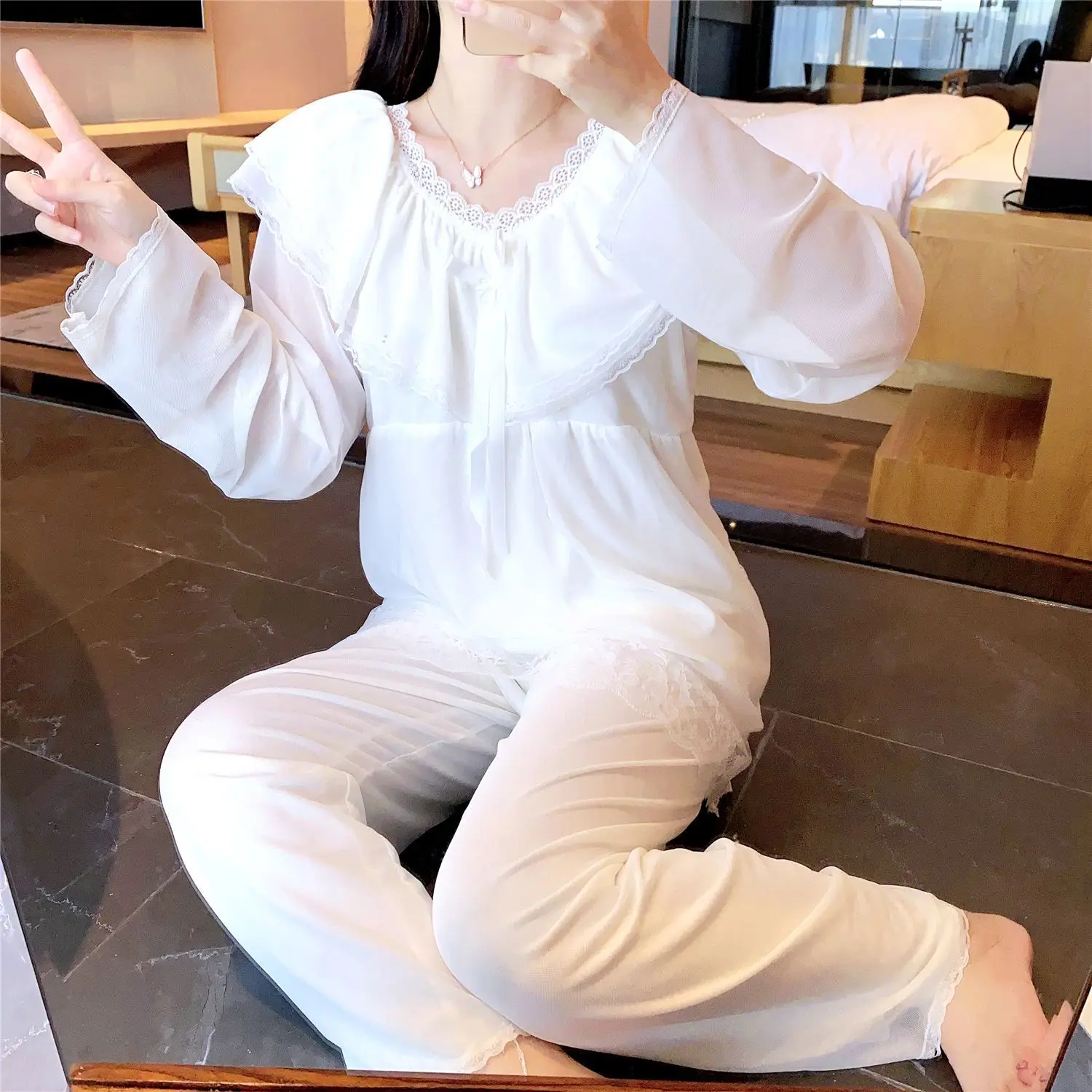 Princess Wind Belt Bra Pajamas Women's Spring Autumn Cotton Nightwear Long Sleeve 2Pcs Suit Court Home Clothes Sleepwear