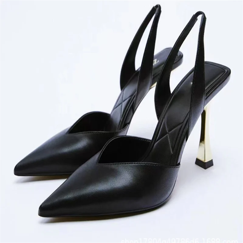

Za 2022 Metallic Slingback High Heeled Shoes Women Sexy V-cut Vamp Party Pump Woman Fashion Long Pointed Toe Heels Black Sandals