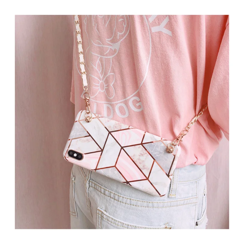 

Pink Lattice Marble Crossbody with long chain Phone Case For iphone 13 12 11 pro max Xs max XR X 8 7 Plus Soft Strap Back Cover