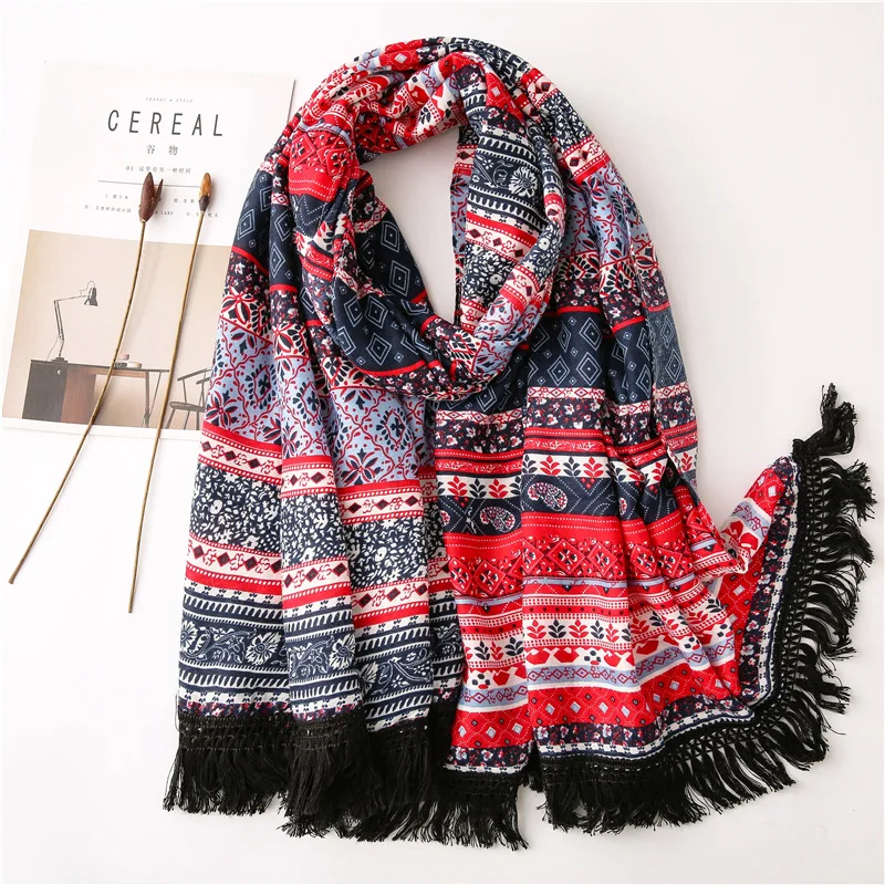 

Luxury brand spring and autumn seaside sunscreen quality cotton material shawl women Fashion Ethnic style print silk scarves