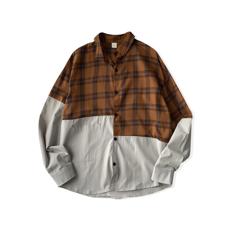

Men Shirt Patchwork Plaid Oversize Casual Clothing Male All-match Loose Fashion Korean Style Long Sleeve Harajuku Streetwear