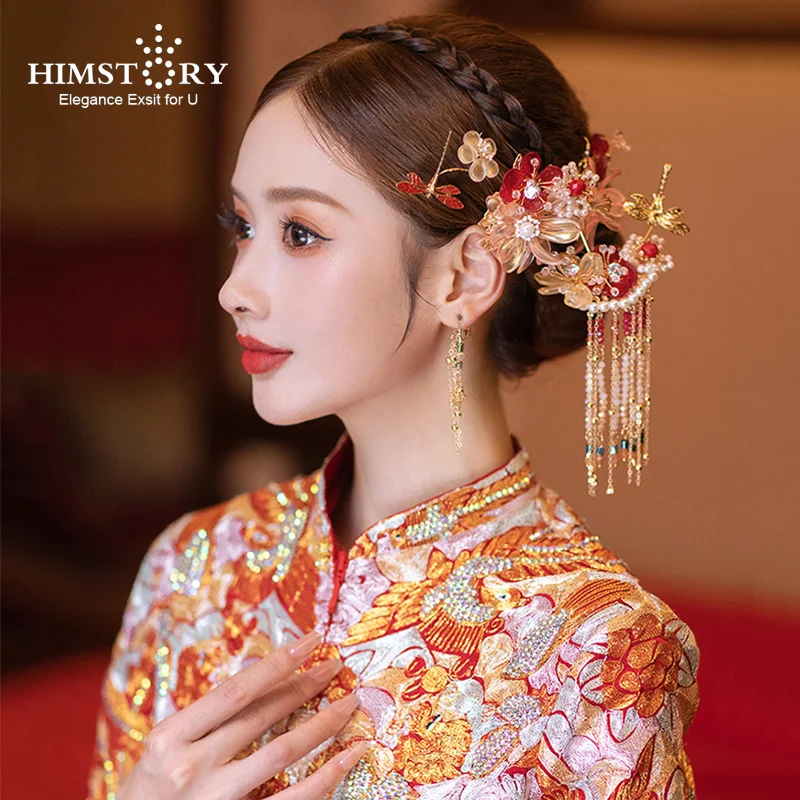 

HIMSTORY Fashion New Vintage Wedding Hair Jewelry Bridal Headpiece Clear Flower Tassel Hanfu Headdress For Women Girls