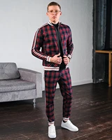 fashion casual mens tracksuit sportswear two piece outfits gentlemen suits plaid zipper sets brand jacket male clothing spring