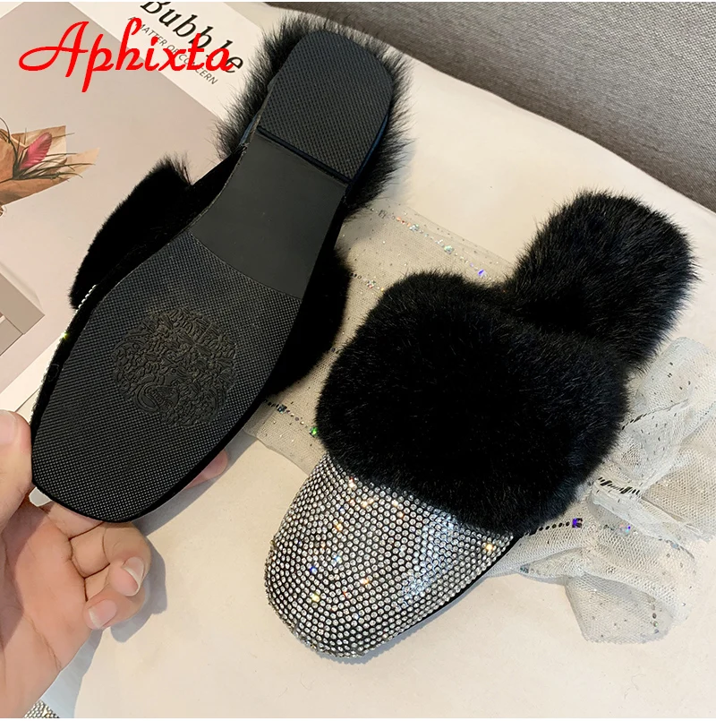 Aphixta/теплые зимние тапочки на натуральном меху; женские шлепанцы с украшением в виде кристаллов; женские пушистые тапочки; женская обувь на плоской подошве с кроличьим мехом
