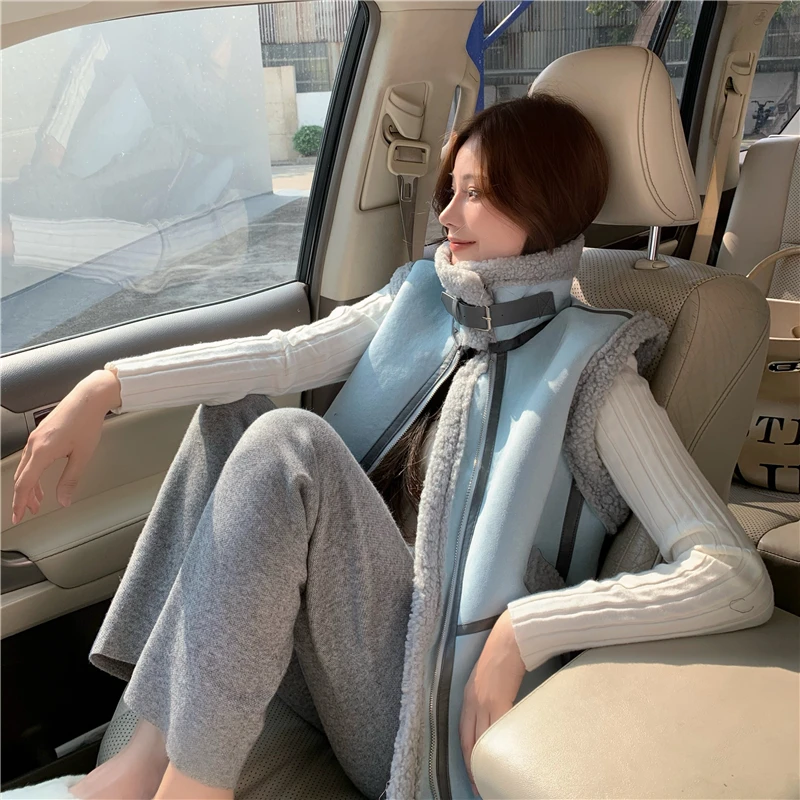 

Locomotive Style Cotton Coat Autumn and Winter 2020 New Korean Faux Lamb Hair Solid Color Patchwork Zipper Vest