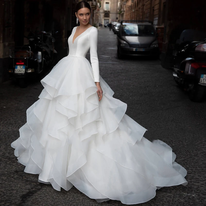 

Luxury A-Line Soft Satin Fabric Wedding Dresses Long Sleeve V-neck Charming French Gowns Delicate Layered Chiffon Ruffle