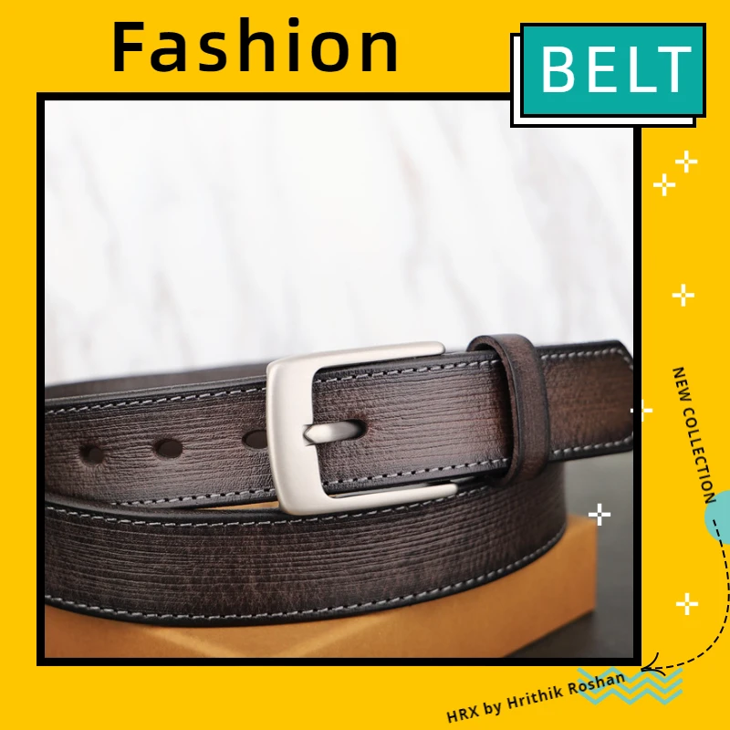 Belt Mens Gray Handmade Vintage Wear-Resistant Leather Casual All-match Jeans Waistband Luxury Quality Designer Cowskin