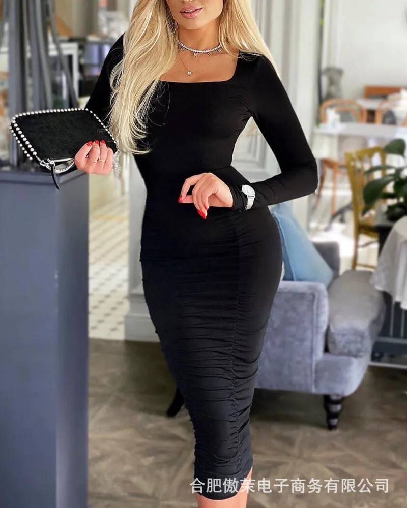 

Women's Midi Dress Fall 2021 New Long Sleeve Square Neck Slim Black Dress