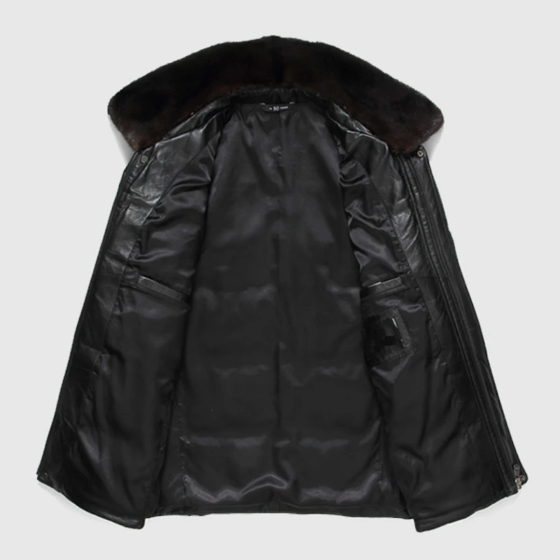 

coat, Man's winter sheepskin coat, mink neck, man's feather, leather