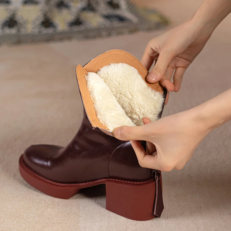 

Winter Warm Women Boots Women Shoes Square Heels Real Wool Back Zipper Ankle Boots for Woman Solid Color Ladies Platform Shoes