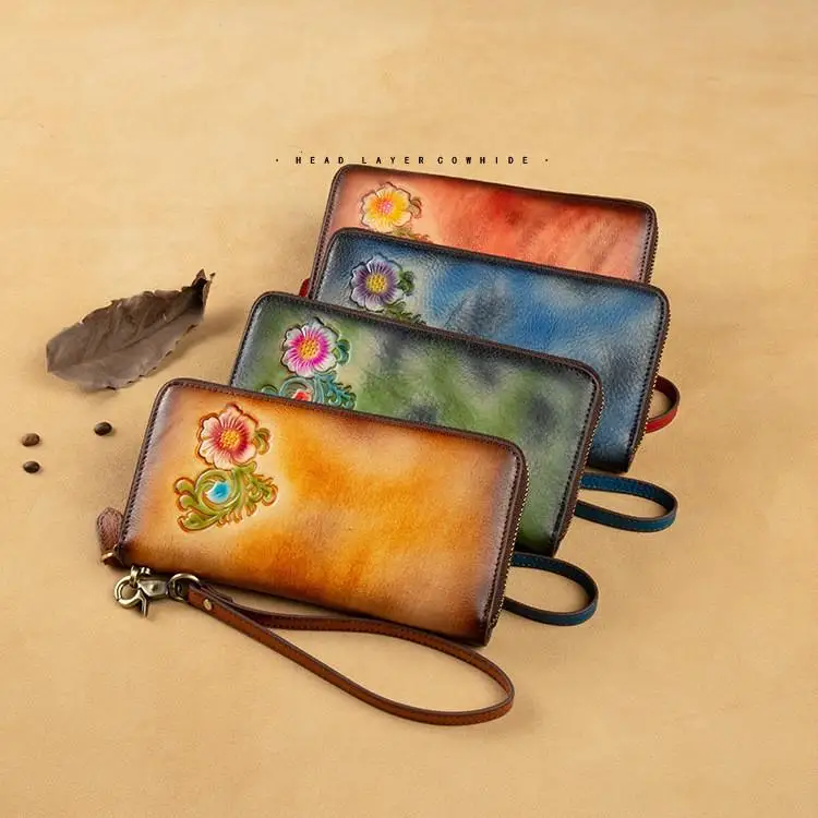 

Retro Wallet Long Zipper Genuine Leather Women Phone Purse 2021 New First Layer Cowhide Embossed Large Clutch Wallets