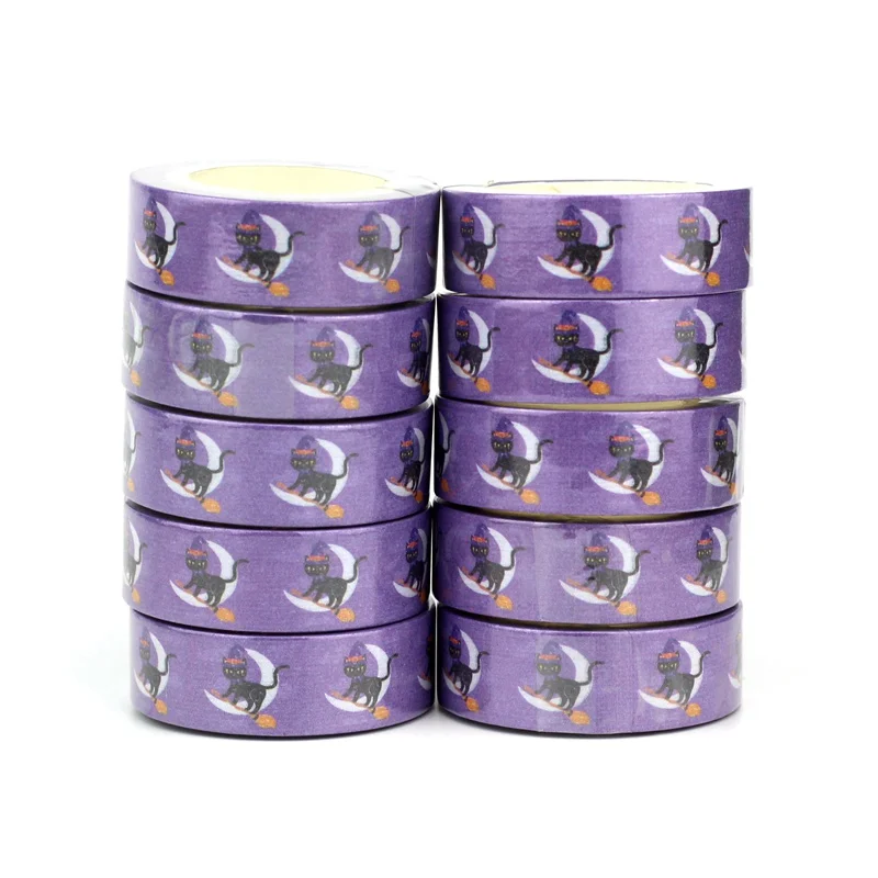 

NEW 10pcs/Lot Decorative Halloween Black Cat on Broom Washi Tapes DIY Scrapbooking Planner Adhesive Masking Tape Cute Stationery