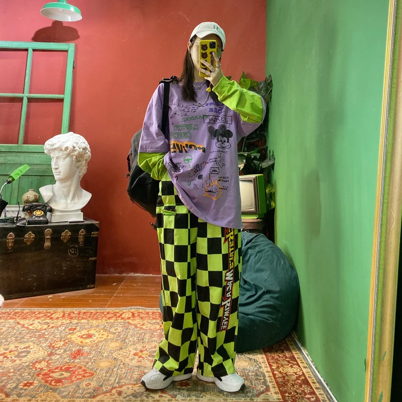 Street hip-hop Harajuku Retro checkerboard handsome loose BF large-size wide-legged overalls spring women men pant trousers | Женская