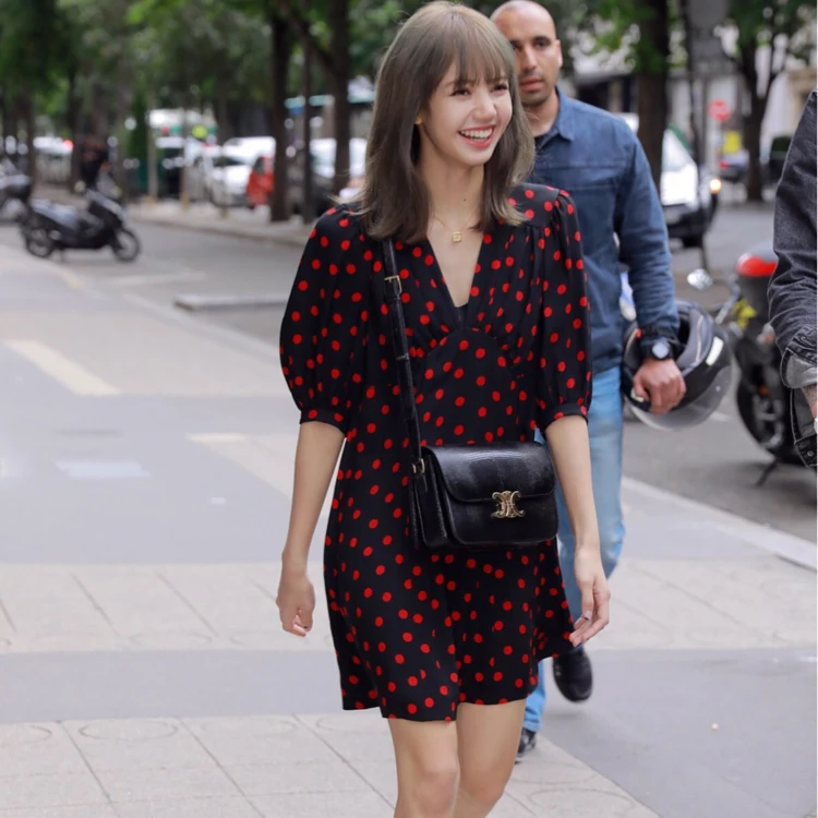 

Black Polka-dot V-neck Lantern Sleeve Elegant Summer Dress for Woman Designer Luxury Female Clothing Harajuku Kpop