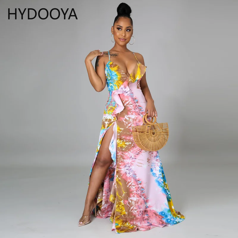 

New Summer Ruffles High Split Beach Dress Sexy Bohemian A-LINE Flounced Edge V-Neck Spaghetti Strap Plus Size Clothing for Women