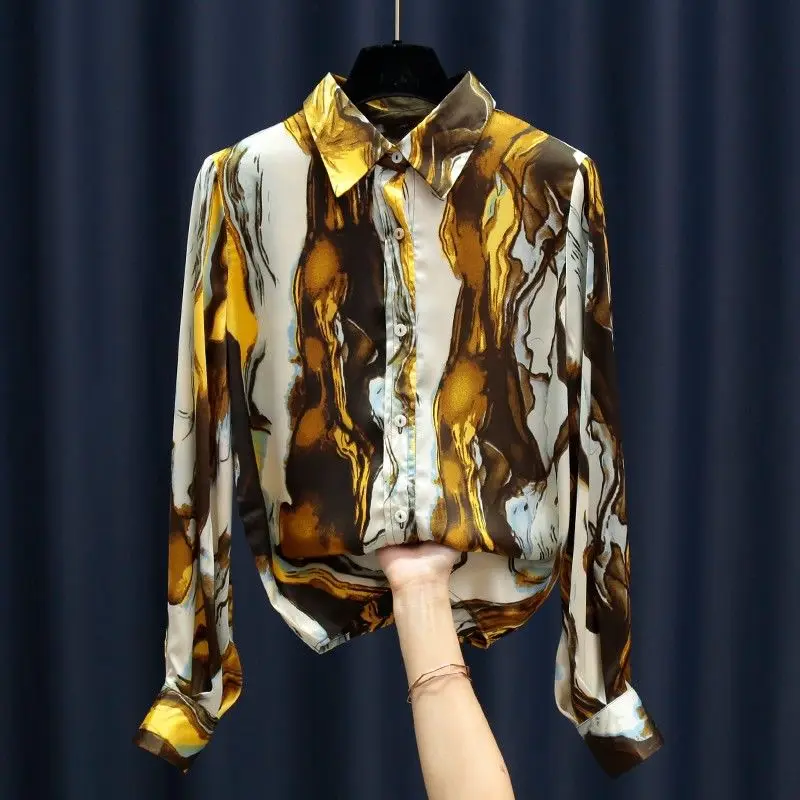 

Lantern Sleeve Top 2020 new autumn winter fashion printed shirt women's Lapel loose shirt women blouses plus size