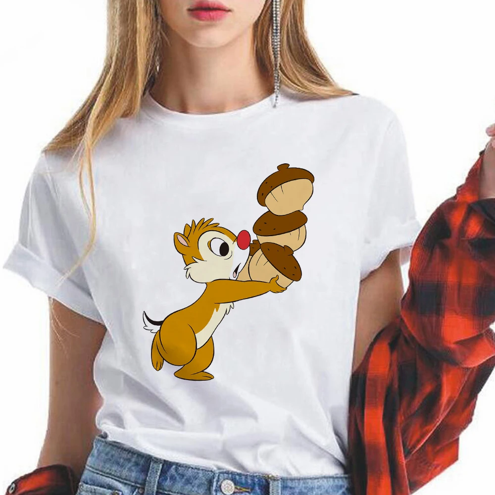 

Disney Beautiful Women T-shirt Leisucre Dale Moving Acorn Print Comfy Short Sleeve White Minimalist Style T Shirt Autumn Top Tee