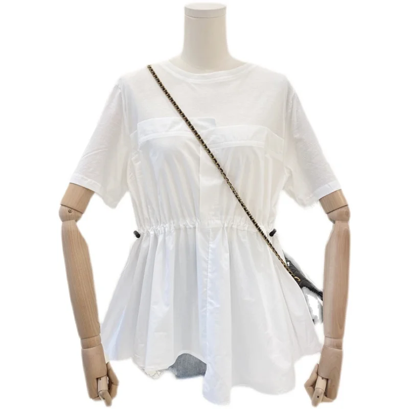 

Summer Korean Style Patchwork Fake Two Piece T Shirt Women's Fashion Short Sleeved Casual Top Female Loose White Blouses