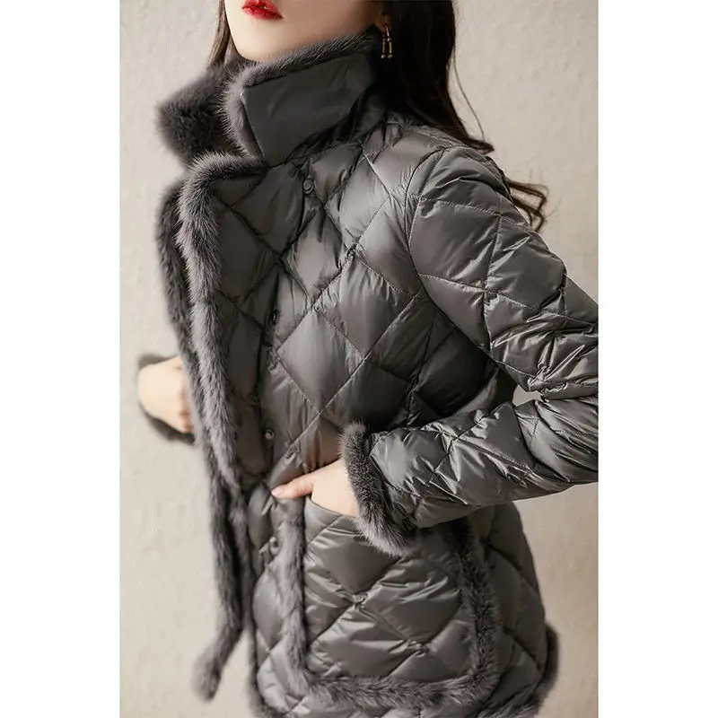casaco acolchoado feminino jaqueta de inverno com pelo de vison artificial acolchoado