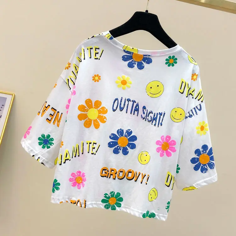 

Fashion Print T-shirt Women Short Sleeved 2021 Summer Loose Smiley Face Pattern T Shirt Short Top Tee