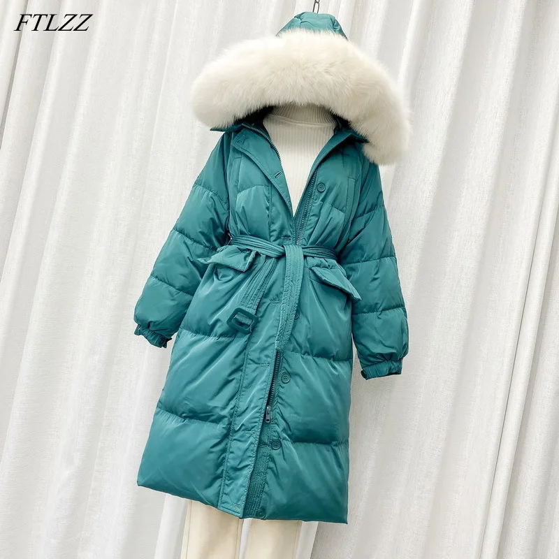 FTLZZ Winter Large Natural Fur Collar Hooded Down Long Jacket Thickness Warm Outwear with Belt Women 90% White Duck Down Coat