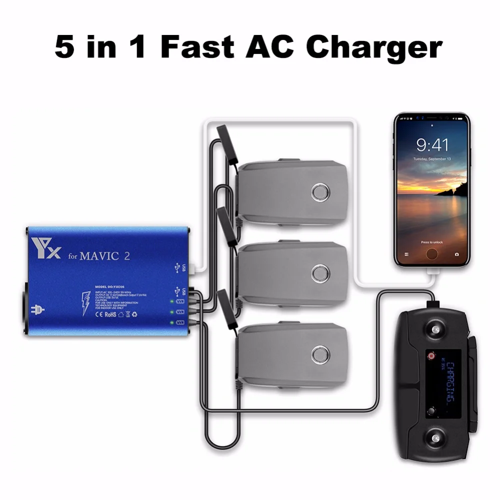 

Wholesale 5in1 Multiple Intelligent Fast AC Charger for DJI Mavic 2 Pro / Zoom Drone Battery Car Charging Adapter EU/AU Plug