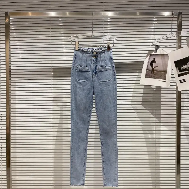 

Blue Beaded High Waist Stretch Jeans for Women 2021 Spring Summer New Elegant Slim Fit Pencil Denim Joggers Pants Femme Trouses