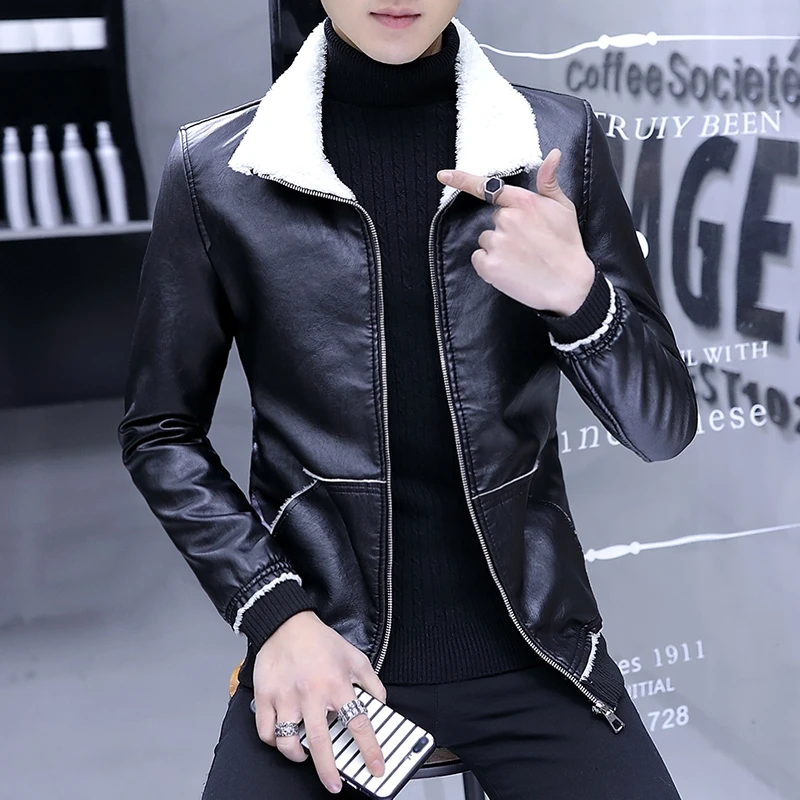 

autumn and 2020 winter new men's faux leather Korean version slim youth plus velvet jacket handsome Cotton Liner Black Khaki