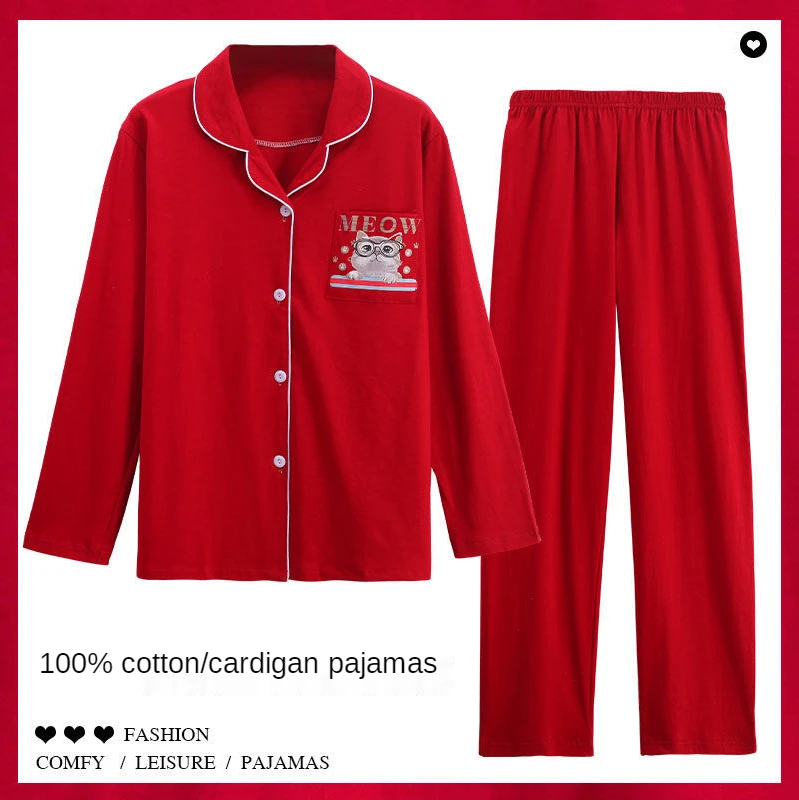 Spring and Autumn Cotton Pajamas Men Loose Large Yards Lapel Long-sleeved Sweet Pajamas Women Cotton Home Wear Couple Pajamas