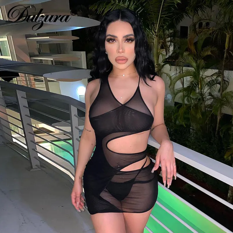 

Dulzura Mesh Patchwork Women Mini Dress Hollow Out Bodycon Sexy Streetwear 2021 Summer Clothes See Through Sheer Club Party