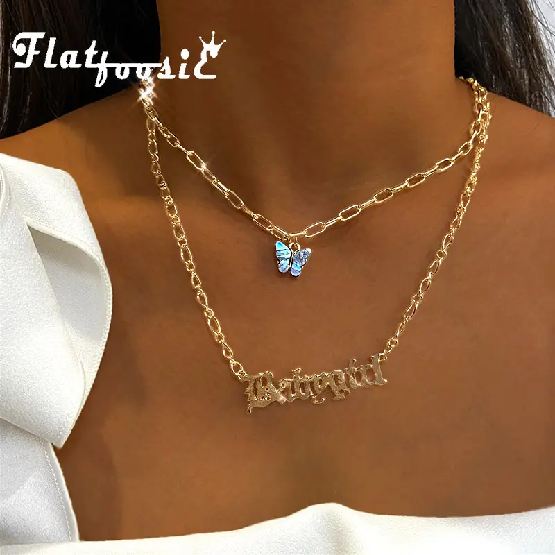 

Flatfoosie Multilayer Butterfly Pendant Necklace for Women Gold Color Babygirl Letter Necklace Collar Fashion Punk Jewelry Gift