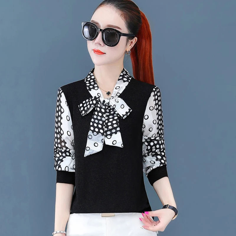 Женские весенне-осенние стильные женские блузки рубашки повседневные в горошек