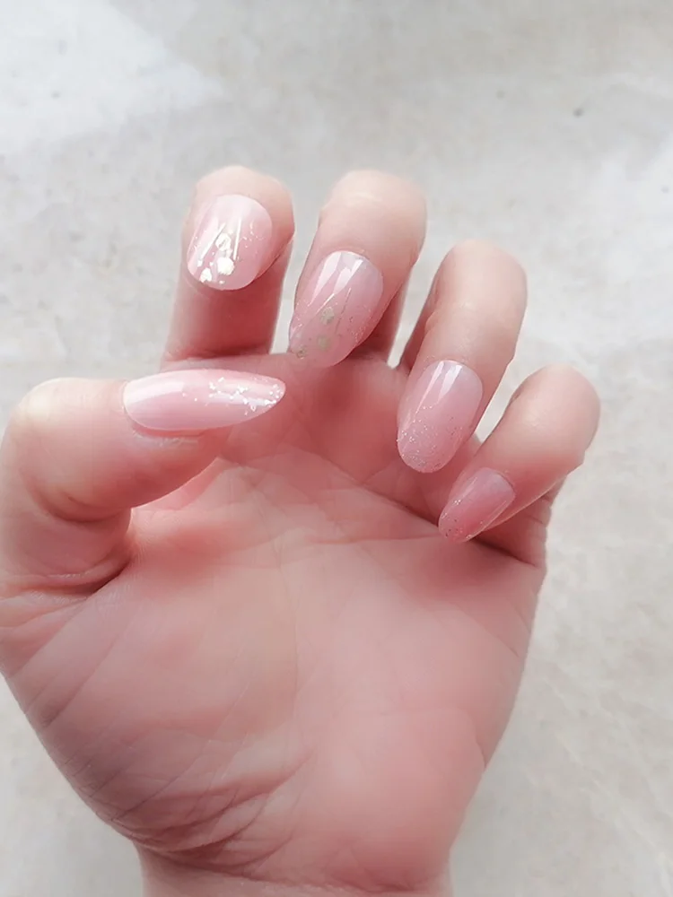 

24pcs Pink Glossy Glitter Almond Full Cover Press on Fake Nails Artificial False Fingernail Tips