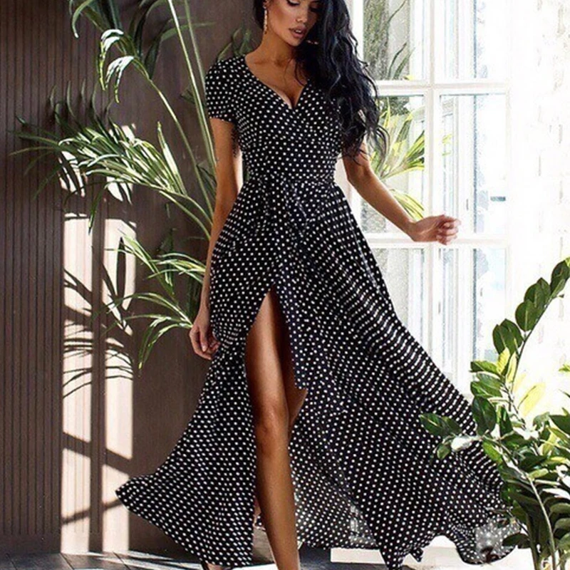 Женское повседневное длинное вечернее платье в горошек с принтом сексуальное