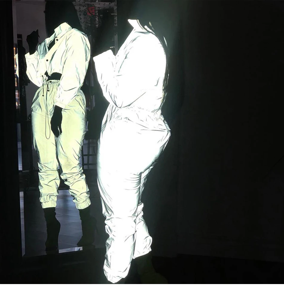 Уличная одежда, светоотражающие комплекты из 2 предметов для женщин, хип-хоп клубный кроп-топ и штаны, сексуальный короткий спортивный костюм с длинным рукавом для бега